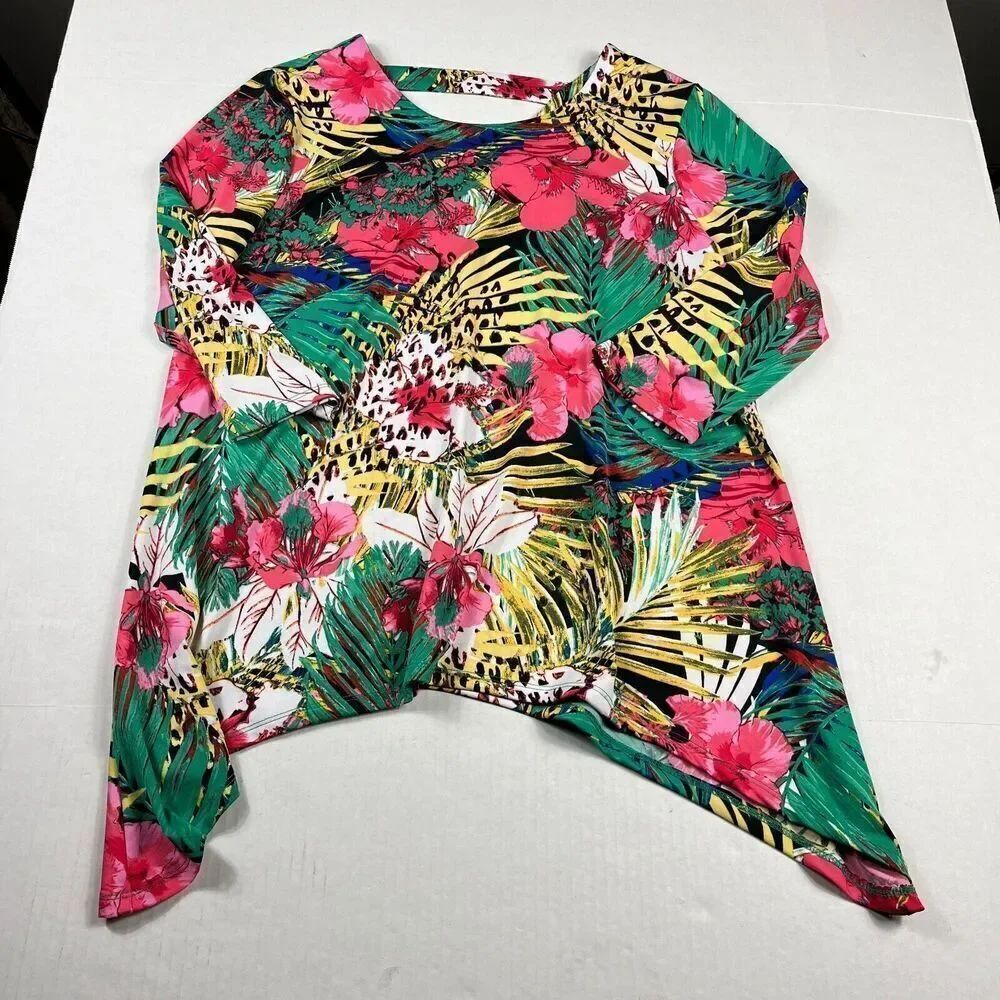Cocomo Blouse Floral Animal Print 3/4 Sleeve Asymmetrical Back Cutout Top LARGE